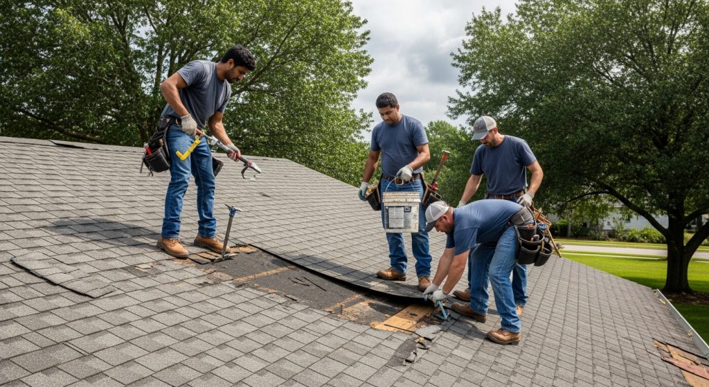 men repairing damaged roof