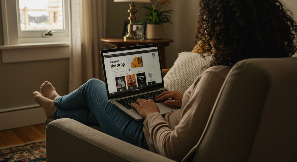 woman sitting on sofa shopping online