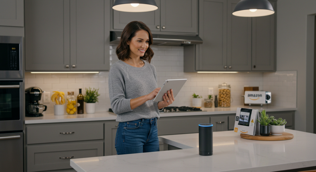 Woman with tablet in kitchen amazon snap fx