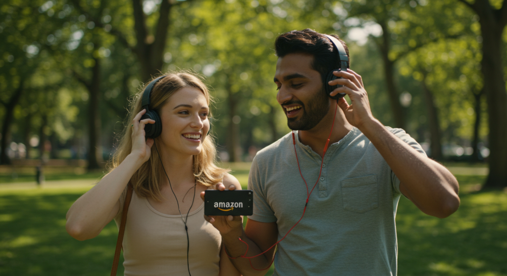 Interracial couple listening to music and holding an amazon logo fx