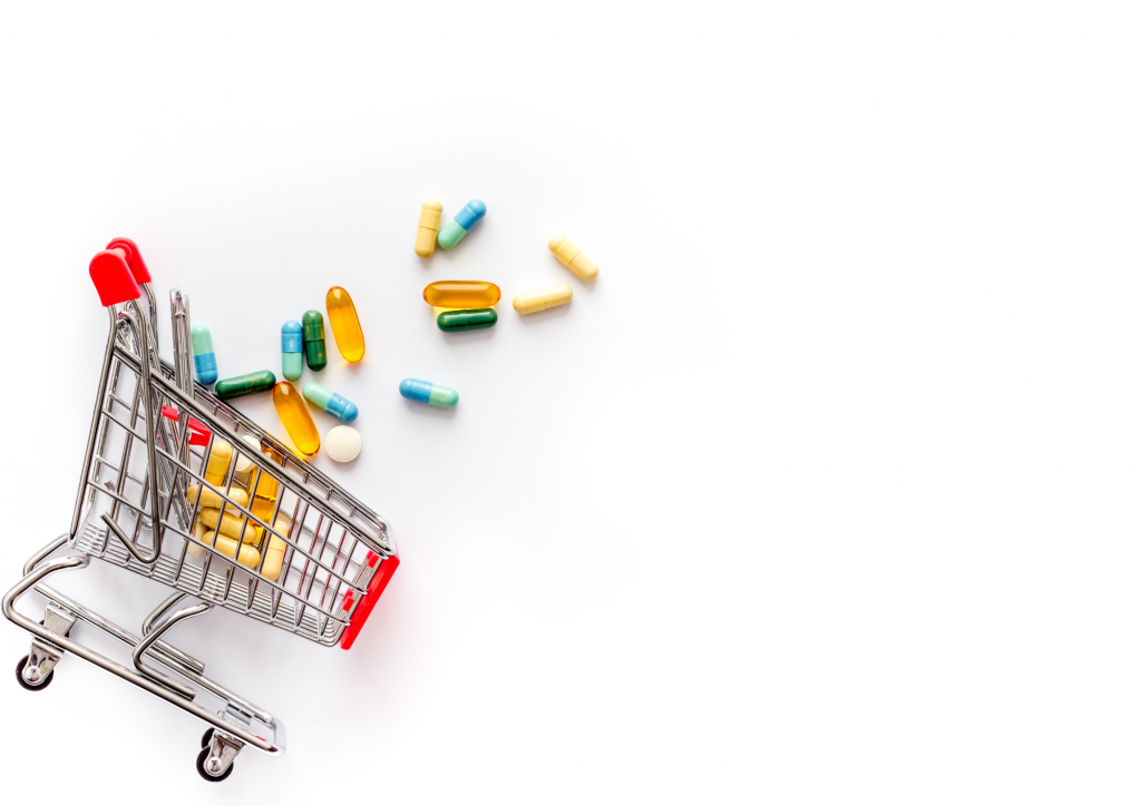 shopping cart overturned with medicines