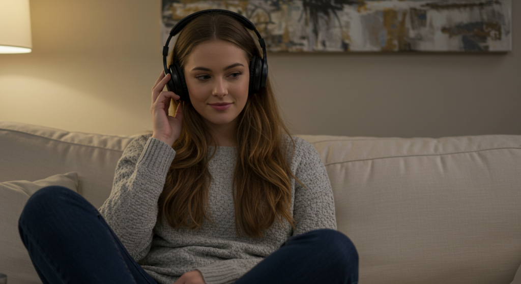 Woman holding headphones on head sitting on couch
