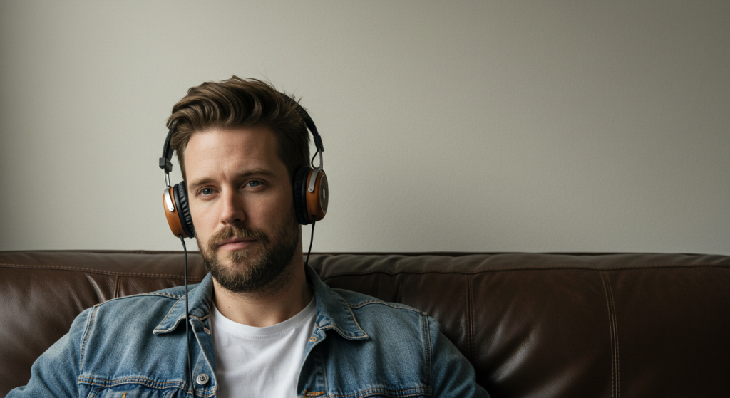 Man holding headphones on head sitting on couch
