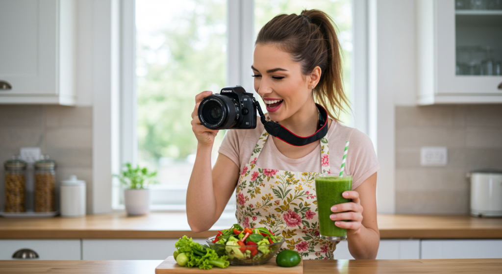 Woman taking photo of a bowl with salad and a smoothie
