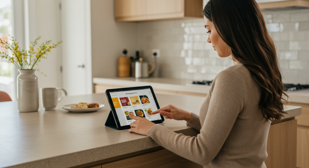 Woman with tablet in kitchen
