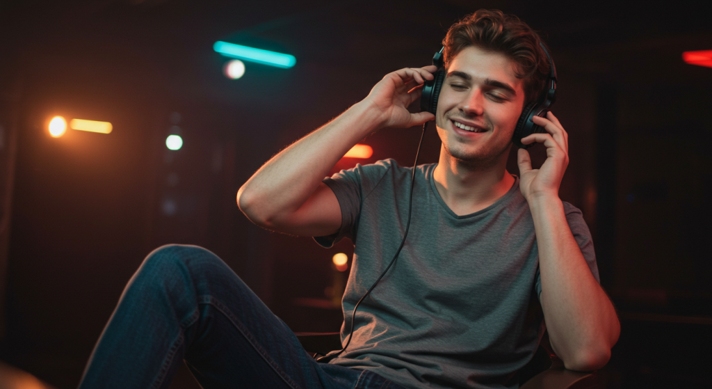 Young man enjoying music night