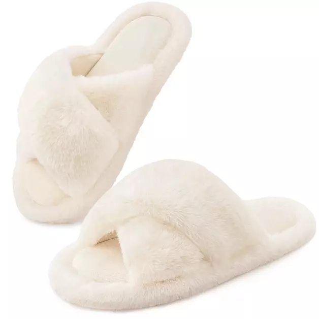 Snug Leaves Women's Fluffy Open Toe Slippers Cross Band White,5-6 US