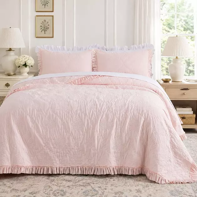 Brandream Pink Ruffled Quilt Set Cotton King Hydrangea Stitched Quilt 3PC
