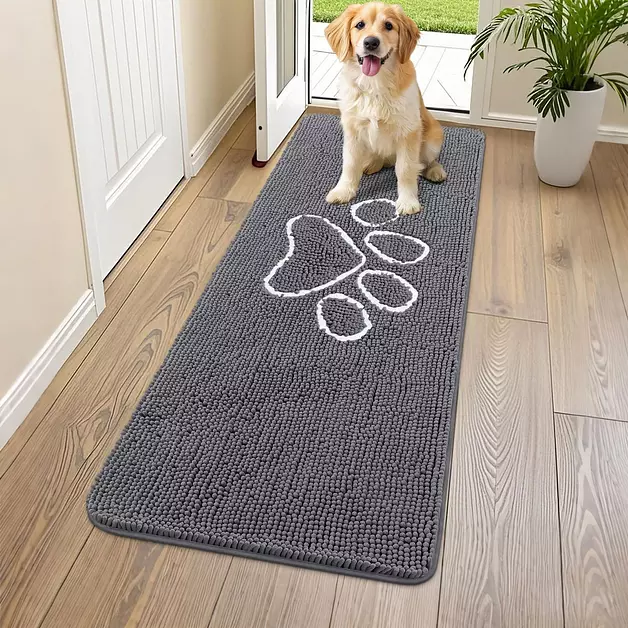 Smiry Dog Door Mat for Muddy Paws, Absorbent Dirt Trapper Non Slip Quick Dry Washable Chenille Mat for Mud Dogs, Entry Rug for Indoor and Outdoor (59x20 Inches, Dark Grey and White)