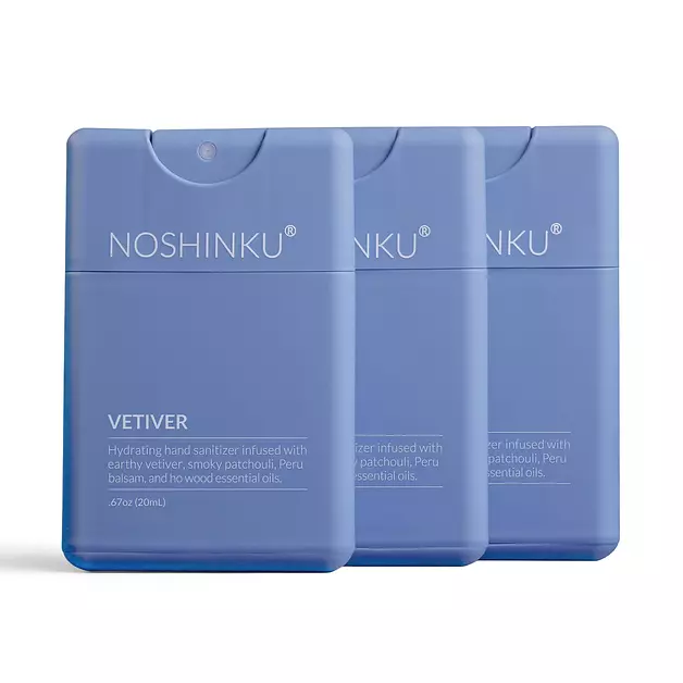 Noshinku - Refillable Hand Sanitizer Vetiver 3-Pack, Travel Size Spray with Hydrating Botanical Oils, Natural Ingredients, All Natural Fragrances, Sugarcane Derived Alcohol, No Parabens, No Dyes
