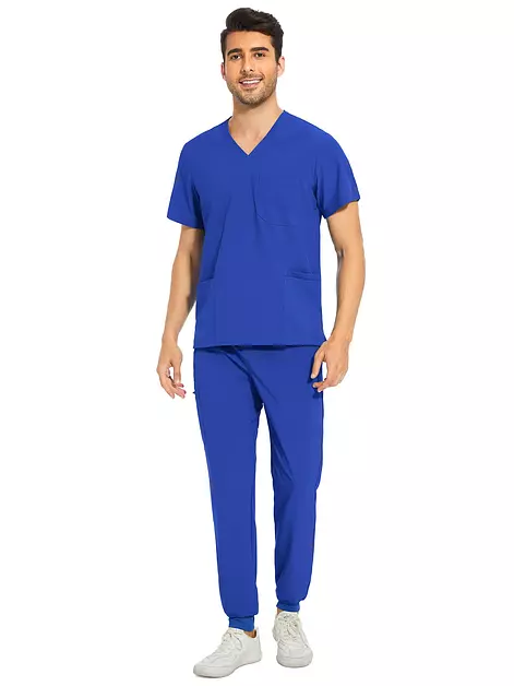 Men Scrubs Set - Stretch V-Neck Top & Jogger Pant, Blueberry, M, Petite