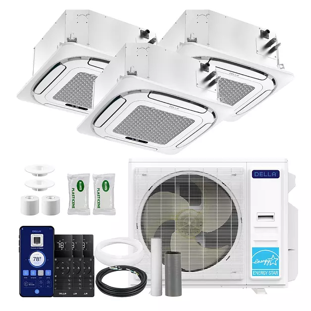 DELLA 36000 BTU 3-Zone(9K+12K+18K) Ceiling Cassette Mini Split AC, 25 SEER2