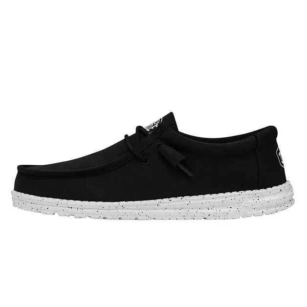 HEYDUDE Men's Wally Slub Canvas Slip On Shoe, Black Size 15 | Lightweight Loafer with Elastic Laces & Removable Foam Insole