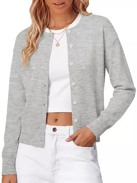 Women's Cropped Cardigan Sweater 2026 Wool Blend Lightweight Knit Grey