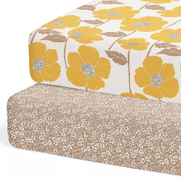 Sorrel + Fern Baby Crib Sheets Neutral, Fitted 2-Pack, Cotton (Poppy Field)