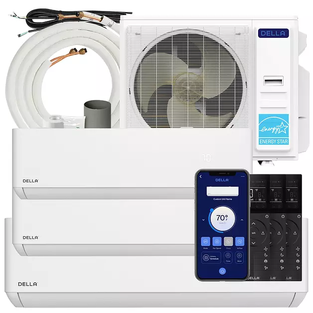 Della 42K BTU ODU 24 SEER2 208-230V 3 Zone 2x9K 24K BTU Cools Up to 2300 Sq.Ft, Compatible with Alexa, Wifi Energy Efficient Multi Zone Mini Split Air Conditioner Pre-Charged Heat Pump Full Set