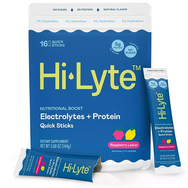 Hi-Lyte Electrolytes + Protein Quick Sticks Raspberry Lemon, 16 Servings - Sodium, Potassium, Whey Protein - Keto Friendly - 5g Protein, No Sugar