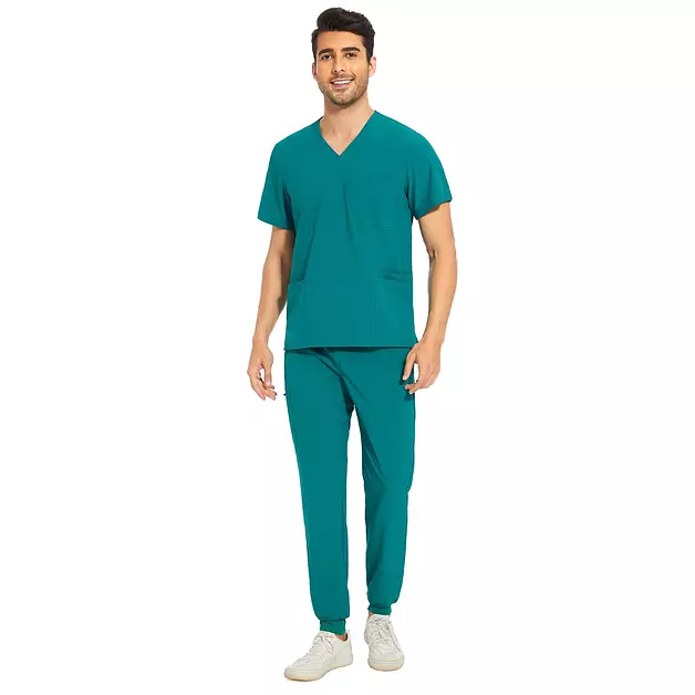 Men Scrubs Set - Stretch V-Neck Top & Jogger Pant, Hunter Green, 3XL