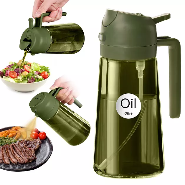 YARRAMATE 16oz/470ml Dark Green Oil Sprayer for Cooking with Stickers, Food-grade Premium 2 in 1 Olive Oil Dispenser Bottle for Kitchen Gadgets, Air Fryer, Salad, Frying, BBQ (OliveGreen)