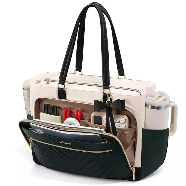 LOVEVOOK Laptop Tote Bag for Women, Work Bag Teacher Tote with Large Cup Holder, Quilted Nurse Diaper Bag for Travel, Computer Women's handbags for Teacher gift, Dark green-beige-black, 15.6 Inch