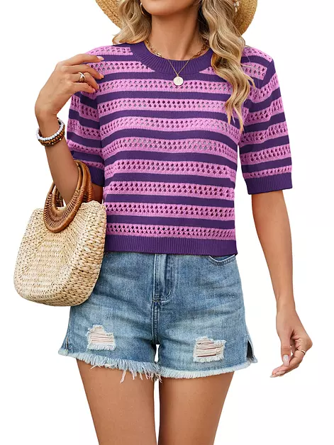 Bellcoco Crochet Tops for Women Spring Summer Short Sleeve Pullover Sweaters Crop Top Vacation Outfits Beach Cover Ups Cute Hollow Out Fashion Clothes 2026 Purple Pink X-Large