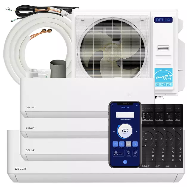 Della 42K BTU ODU 24 SEER2 208-230V Multi Zone Air Conditioner 4 Zone (9K 2x12K 24K) Mini Split Cools Up to 3000 Sq.Ft, Compatible with Alexa, Wifi Energy Efficient Pre-Charged Heat Pump Full Set