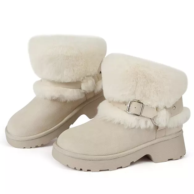 Furry Winter Beige Boots for Women Block Heels Platform Buckle Slip On