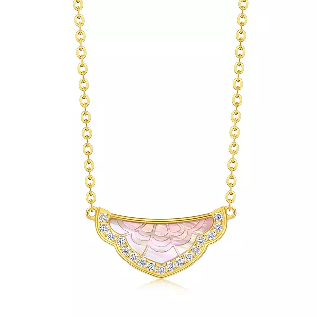 CHOW SANG SANG 999 24K Gold MINTYGREEN Dainty Pink Mother-of-Pearl Necklace – Cloud Motif with Diamond for Women 47cm 95736N