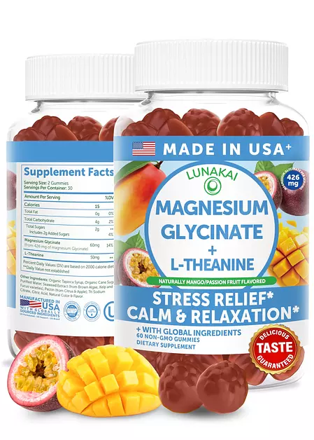 Lunakai USA Made Magnesium Glycinate Gummies with L-Theanine for Kids & Adults – 420mg Magnesium Supplement for Calm, Sleep & Stress Support, 60ct