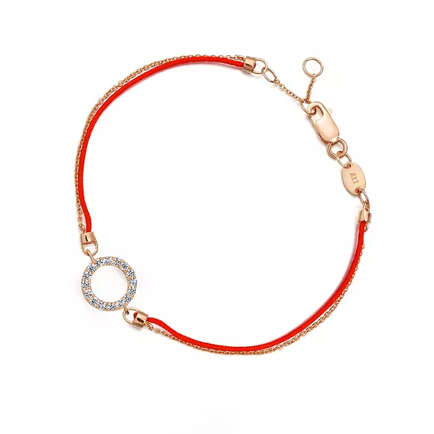 CHOW SANG SANG 18K Rose Solid Gold PROMESSA Hoop Carat (G-H Color, SI Clarity) Diamond Red Thread Bracelet for Women 87102B (Rose Gold, 6.6 Inches, (17 CM))