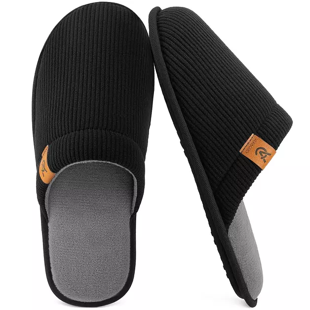 VeraCosy Men's Corduroy Slippers House Shoes Carbon Black, 13-14 US