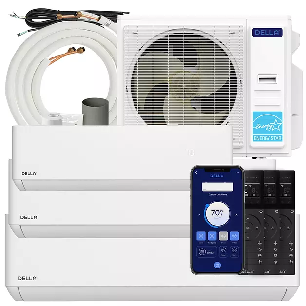 Della 42K BTU ODU 24 SEER2 208-230V 3 Zone 9K 18K 24K BTU Cools Up to 2900 Sq.Ft, Compatible with Alexa, Wifi Energy Efficient Multi Zone Mini Split Air Conditioner Pre-Charged Heat Pump Full Set