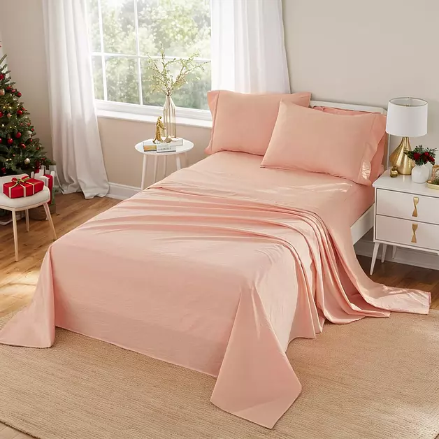 Brandream Queen Sheet Set 100% Washed Cotton 4 Piece Bedding Sheets & Pillowcases - Luxury Extra Soft Linen Like Textured Breathable Cotton Queen Size Bed - 16” Queen Deep Pocket Sheets Blush