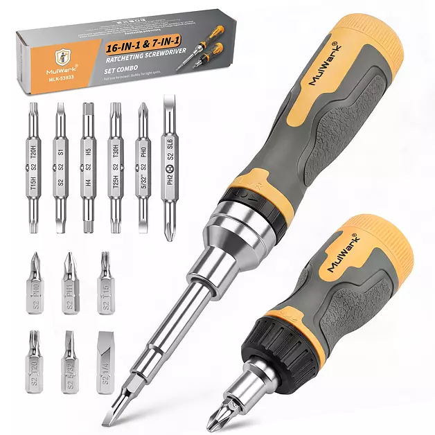 MulWark 2-Piece Ratcheting Screwdriver Set, 16-in-1 Standard & 7-in-1 Stubby, Premium S2 Steel Phillips Torx Slotted Bits, 3-Position Ratchet & Dual Lock, Tool for Professionals & DIY