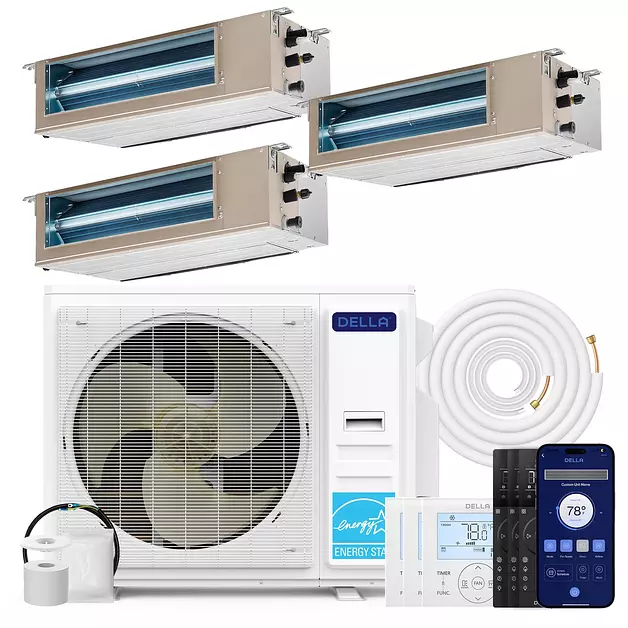 DELLA 36K BTU 3 Zone (2x9K+12K BTU) Concealed Ducted Mini Split AC 20 SEER2