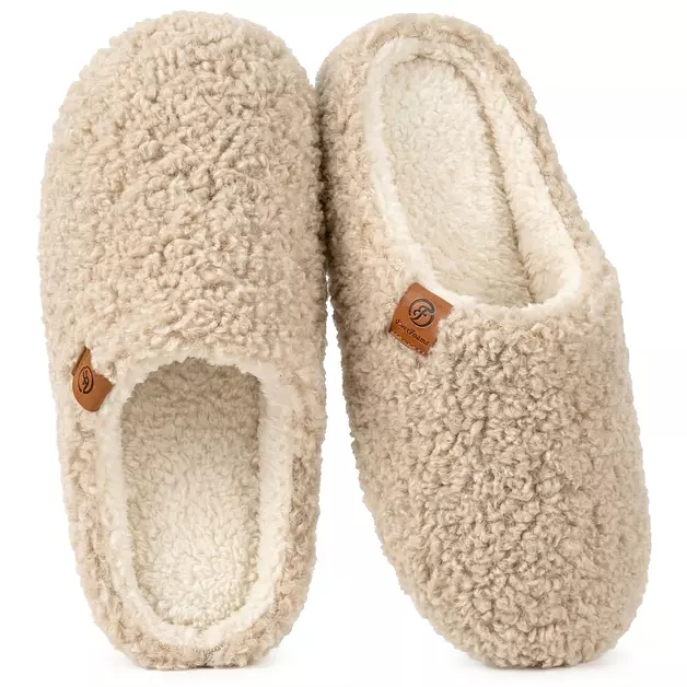 EverFoams Women’s Fuzzy Slippers Slip-On Memory Foam Khaki,7-8 US