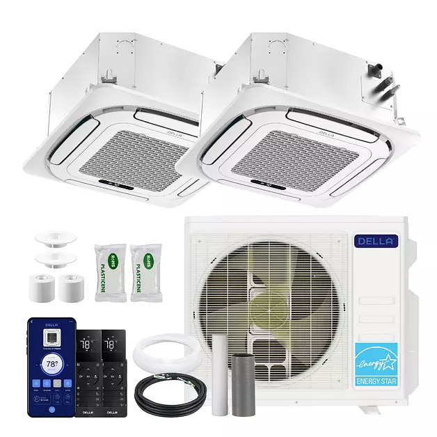 DELLA 27,000 BTU 2 Zone (9K+12K) Ceiling Cassette Mini Split AC,24 SEER2