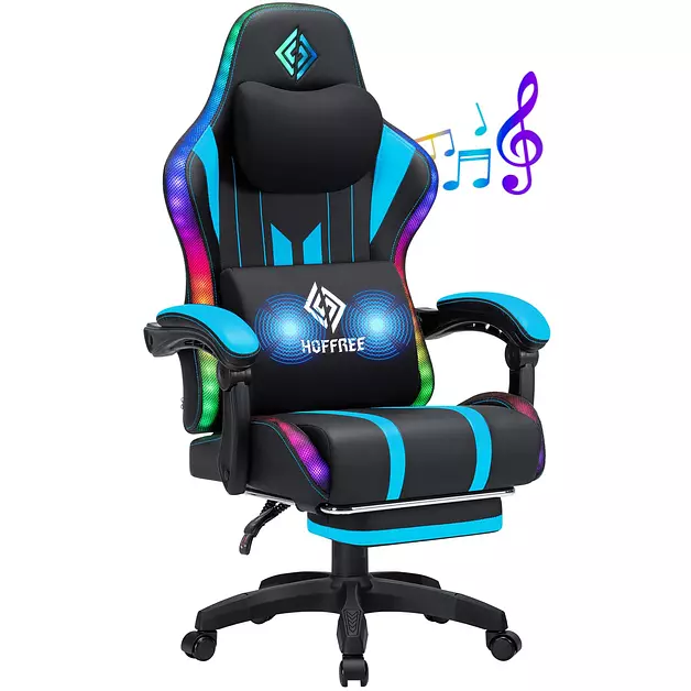 RGB Gaming Chair with Speakers Music Rhythm LED Lights Computer Chairs-Blue