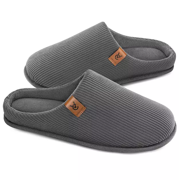 VeraCosy Mens Slippers Corduroy Memory Foam House Shoes Cool Gray,9-10 US
