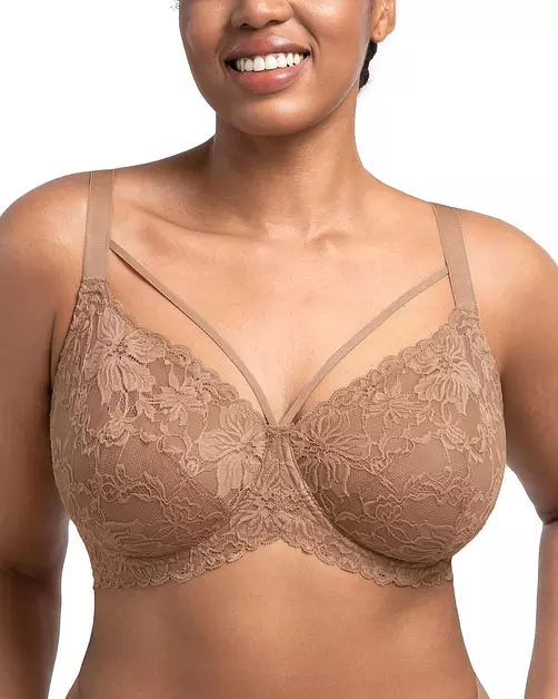 HSIA Minimizer Bras for Women Full Coverage, Unlined Lace Sexy Plus Size Underwire Bra for Large Breasts Dark Beige