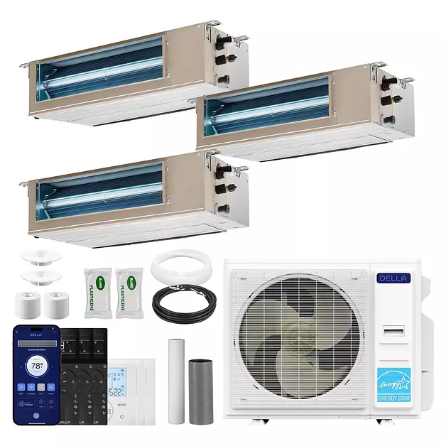 DELLA 34K BTU 3 Zone (2×12K+18K BTU) Concealed Ducted Mini Split AC