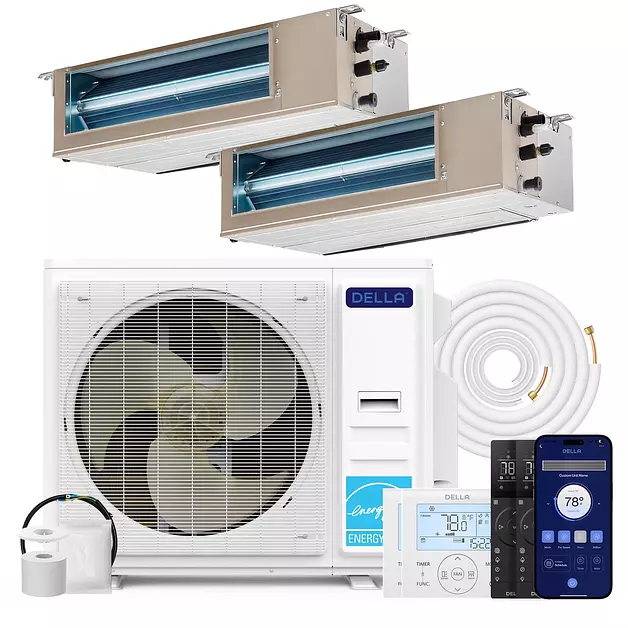 DELLA 27K BTU 2 Zone (12K+18K BTU) Concealed Ducted Mini Split AC, 22 SEER2
