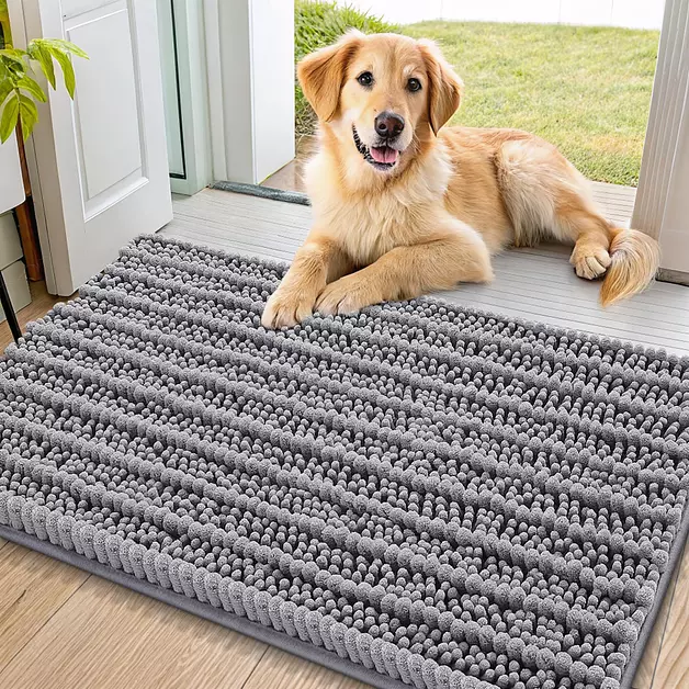 Smiry Dog Door Mat for Muddy Paws 36x24, Absorbent Dirt Trapper, Non-Slip Washable Chenille Entryway Rug for Inside Floor, Grey, Layered Pattern