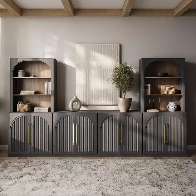 BELLEZE 6-Piece Modular TV Stand, Entertainment Center with Double-Arc Wood Door and Storage Hutch Cabinets, Classic Modern Media Console Table for Living Room Dining Room (Ebony)