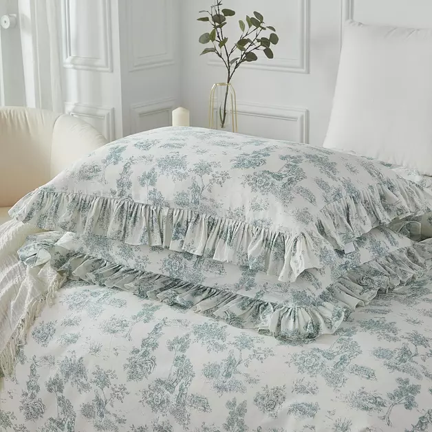 Brandream French Country Toile Ruffle Pillow Cases Standard Size Set of 2, 100% Cotton Toile Decorative Ruffled Pillow Covers with Envelope Closure Ruffled Pillow Shams 20" x 26", Sage Green