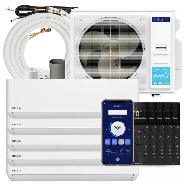 Della 42K BTU ODU 24 SEER2 208-230V Multi Zone Air Conditioner 5 Zone (4x9K 12K) Mini Split Cools Up to 2150 Sq.Ft, Compatible with Alexa, Wifi Energy Efficient Pre-Charged Heat Pump Full Set