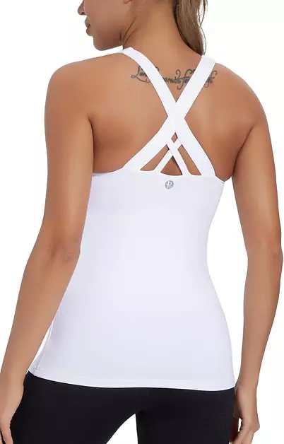 RUNNING GIRL Women's Workout Tank Top,Built in Shelf Sports Bra Strappy Back Compression Athletic Shirts(BX2680.White.S)