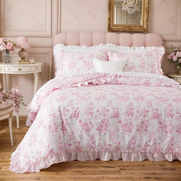 Brandream Floral Duvet Cover Set Bedding with Ruffled Edge, Grandmillennial Vintage Botanical Toile Floral Print in Pink, Peony & Rose Style, 100% Cotton Soft Breathable, Twin Size