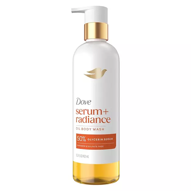 Dove Serum+ Radiance Oil Body Wash, Jojoba & Monoi Flower, 15.3 fl oz | Hydrating shower oil body wash with glycerin serum for soft, radiant skin without greasy residue.