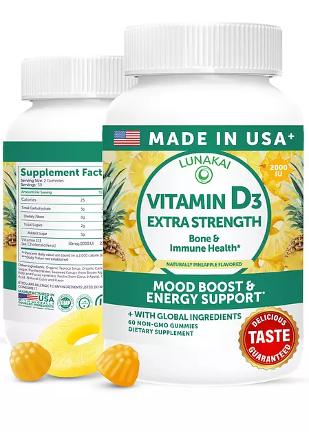 Lunakai USA Made Vitamin D3 Gummies 2000 IU, 60ct
